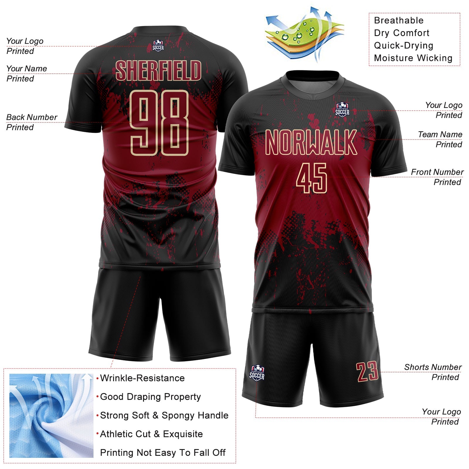 Custom Black Crimson-Cream Abstract Splatter Grunge Art Sports Sublimation Soccer Uniform Jersey T-Shirts,... (Image 4)
