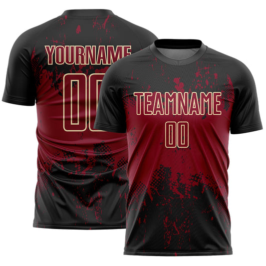 Custom Black Crimson-Cream Abstract Splatter Grunge Art Sports Sublimation Soccer Uniform Jersey T-Shirts,... (Image 1)