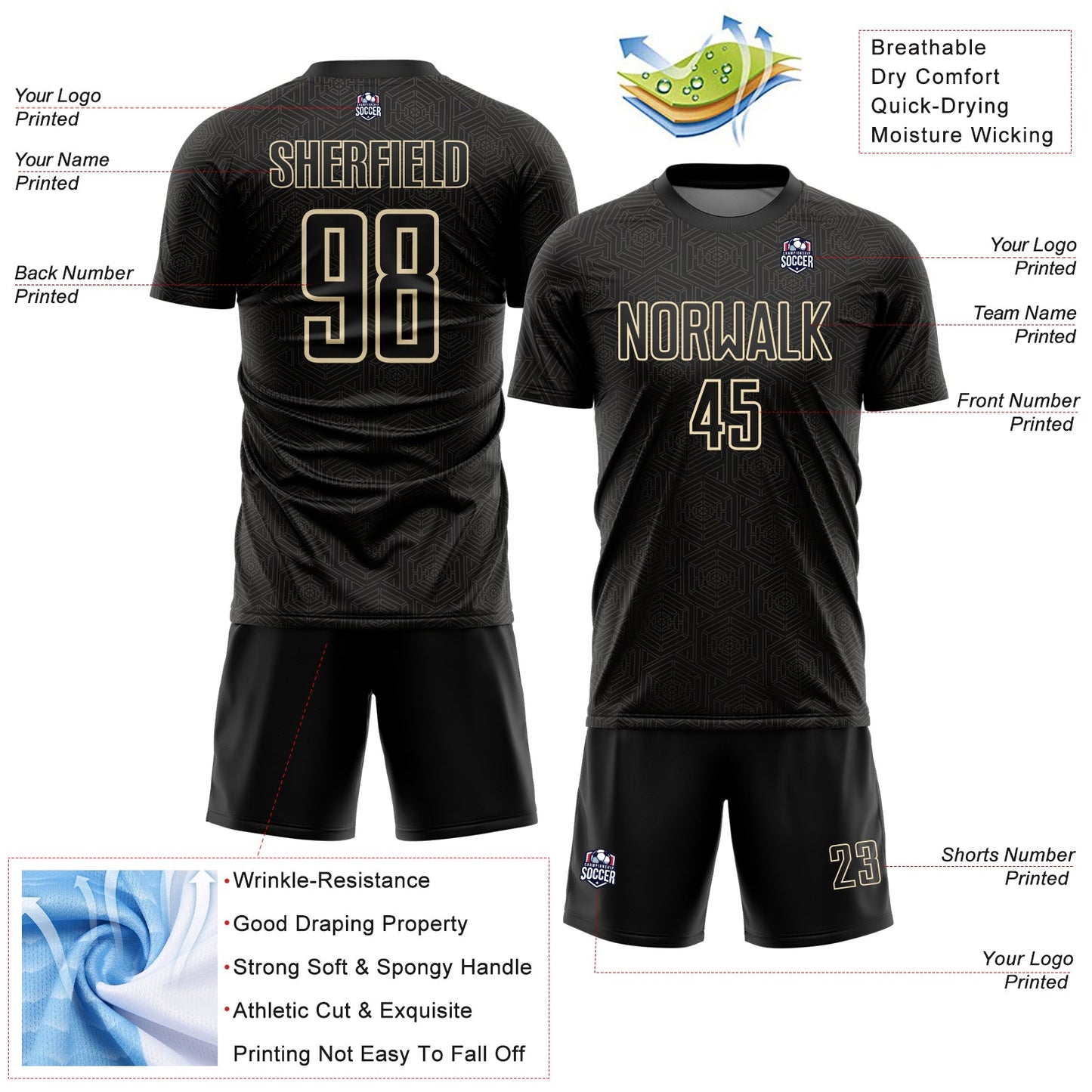Custom Black Cream Geometric Shape Sports Sublimation Soccer Uniform Jersey T-Shirts, Hoodie, Sweatshirt (Image 4)