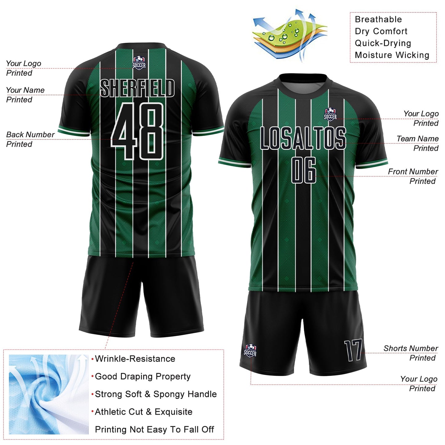 Custom Black Kelly Green-White Pinstripe Line Sports Sublimation Soccer Uniform Jersey T-Shirts, Hoodie, Sweatshirt (Image 4)