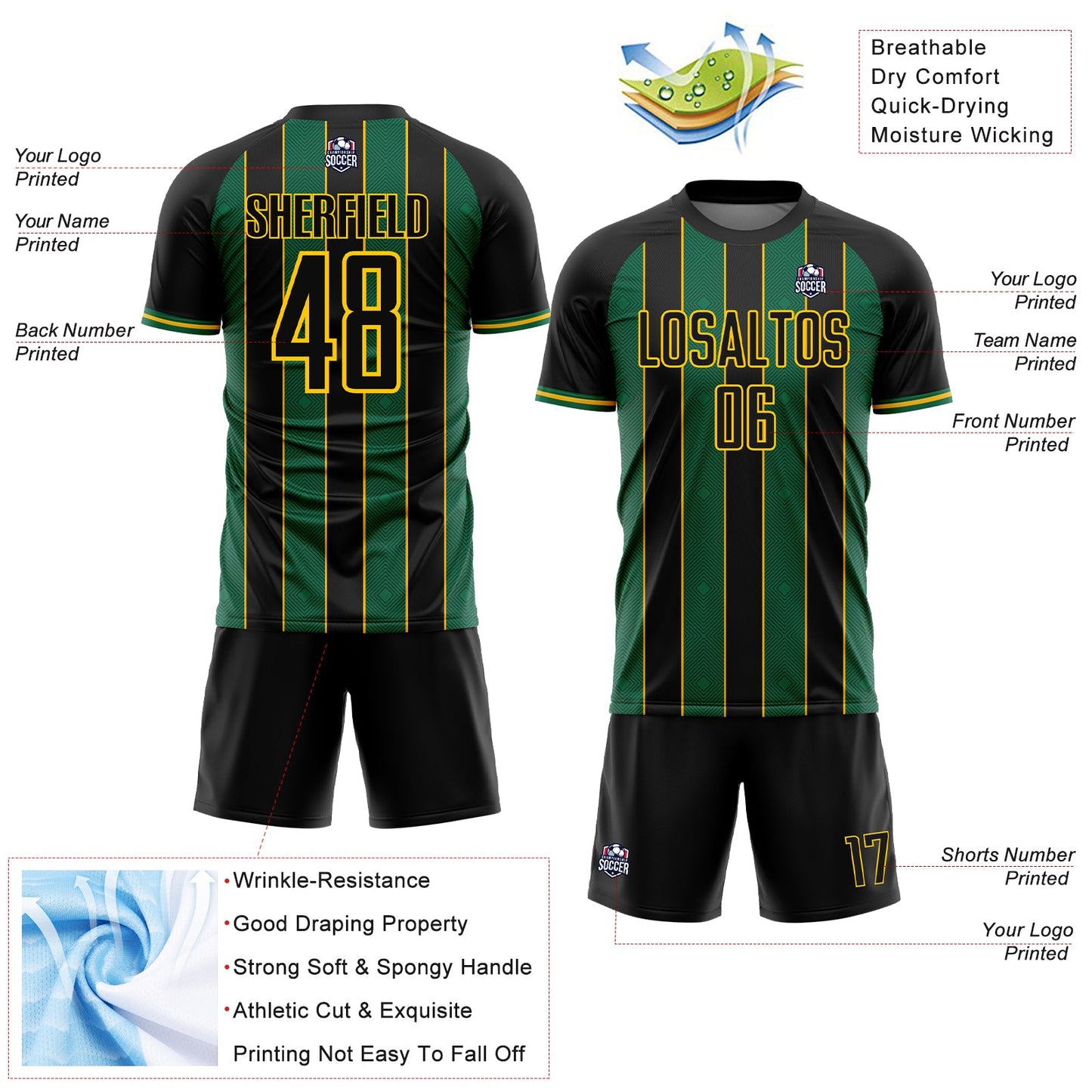 Custom Black Kelly Green-Gold Pinstripe Line Sports Sublimation Soccer Uniform Jersey T-Shirts, Hoodie, Sweatshirt (Image 4)