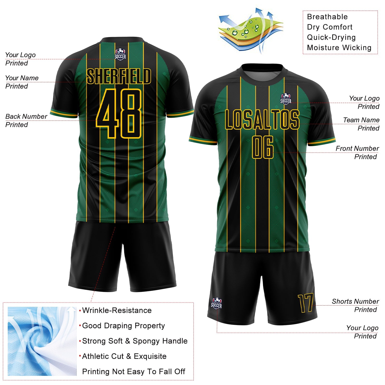 Custom Black Kelly Green-Gold Pinstripe Line Sports Sublimation Soccer Uniform Jersey T-Shirts, Hoodie, Sweatshirt (Image 4)