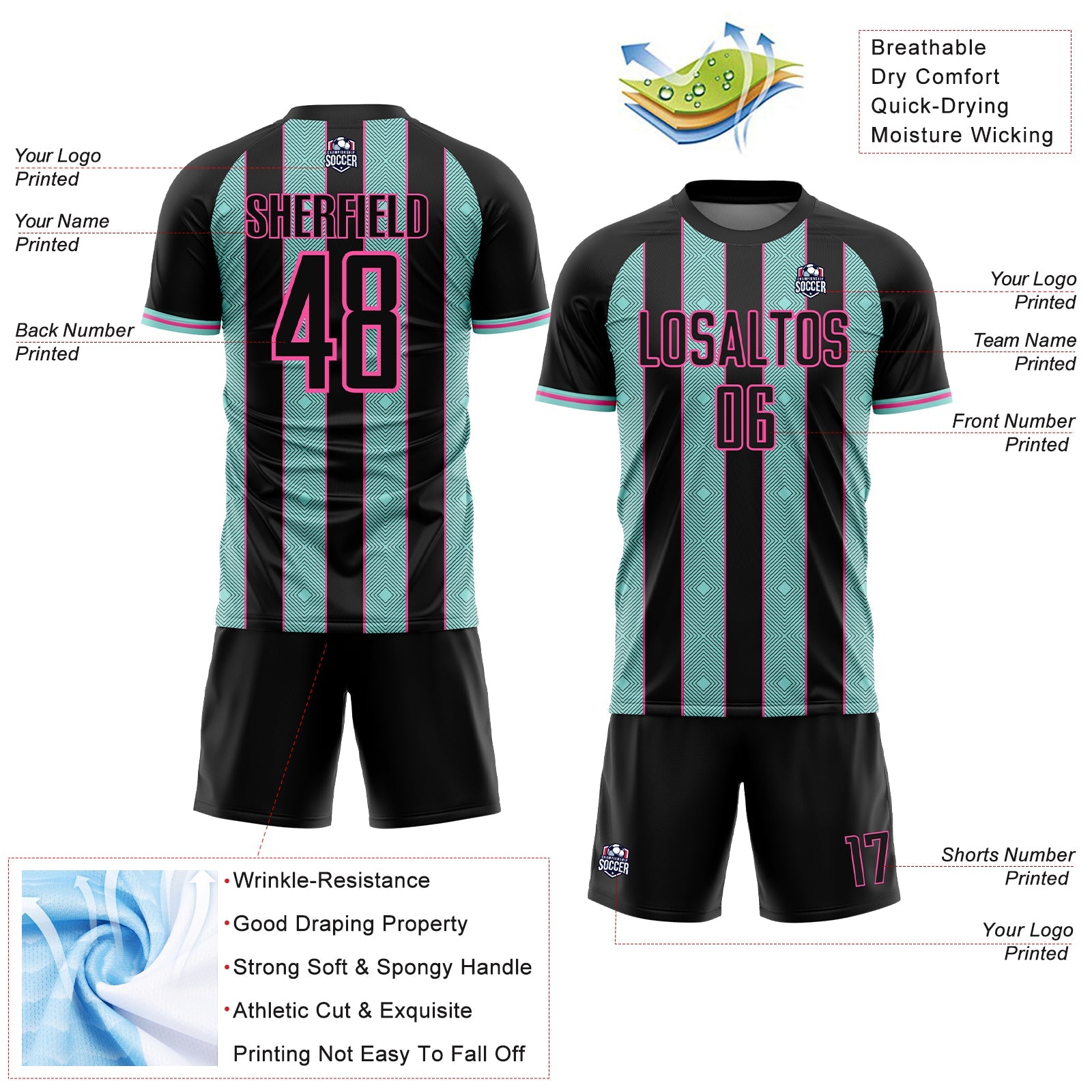 Custom Black Ice Blue-Pink Pinstripe Line Sports Sublimation Soccer Uniform Jersey T-Shirts, Hoodie, Sweatshirt (Image 4)