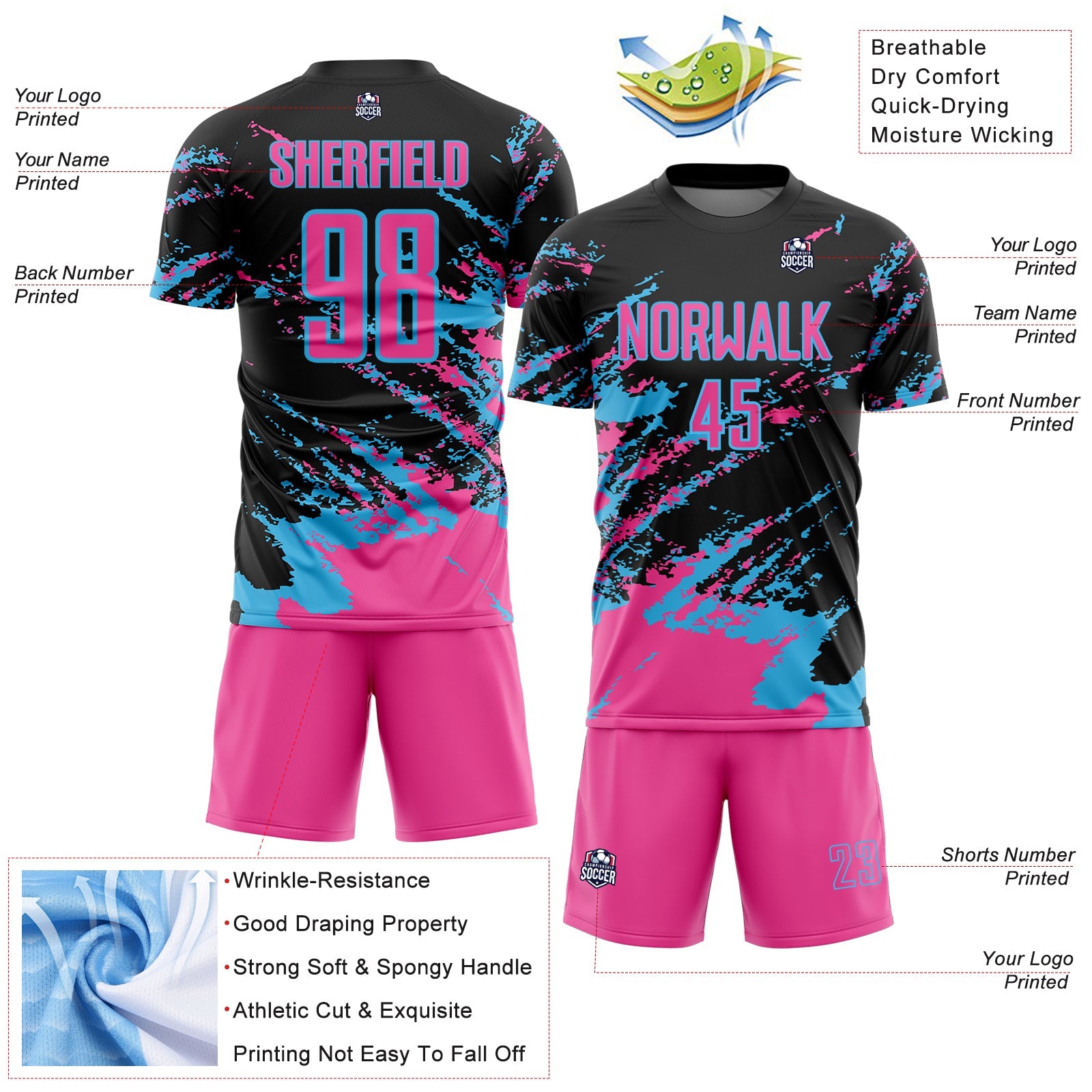 Custom Black Pink-Sky Blue Abstract Fragment Art Splash Sports Sublimation Soccer Uniform Jersey T-Shirts,... (Image 4)