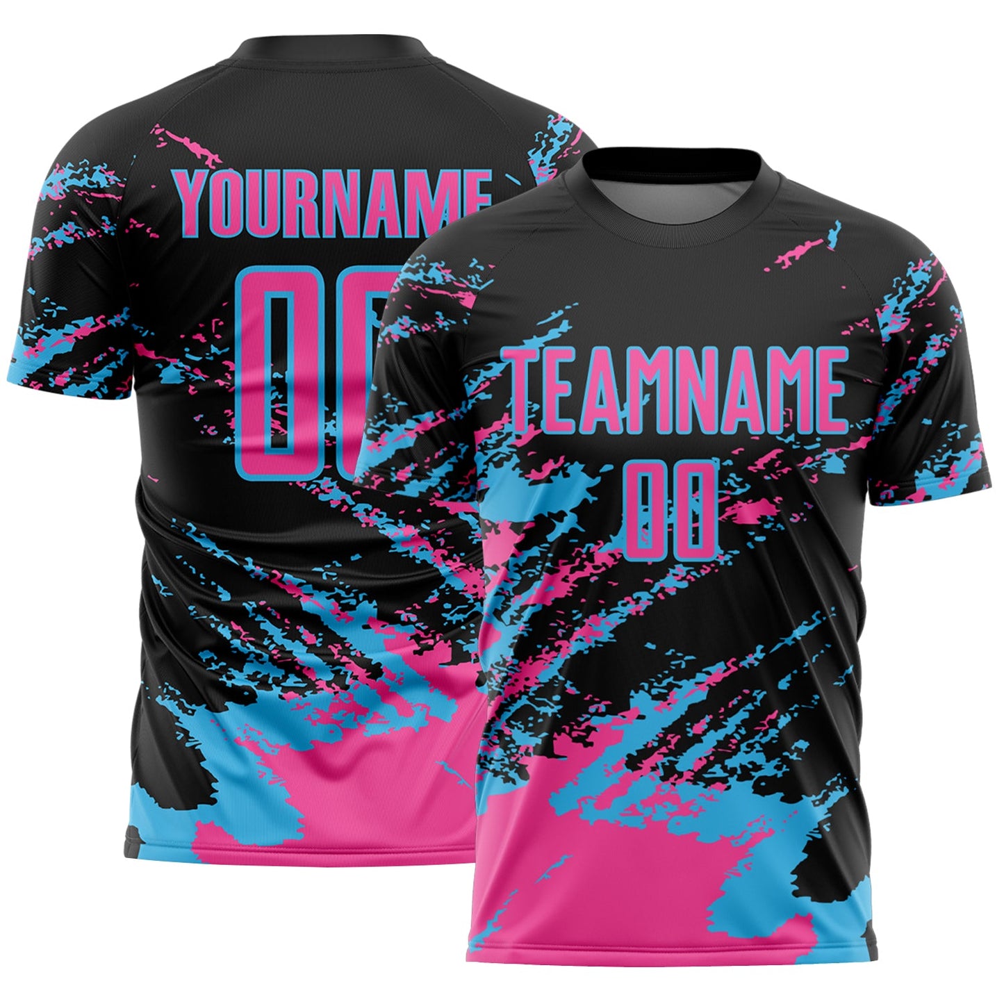 Custom Black Pink-Sky Blue Abstract Fragment Art Splash Sports Sublimation Soccer Uniform Jersey T-Shirts,... (Image 1)
