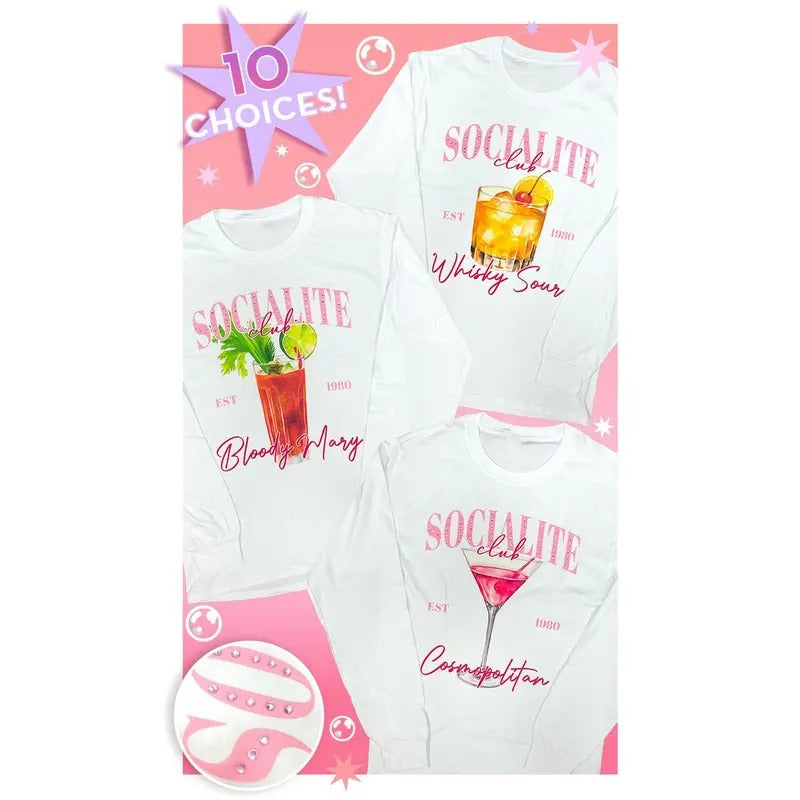 Socialite Drink Club Rhinestone Graphic Long Sleeve T-Shirt Hoodie, Sweatshirt | WearSparks.com