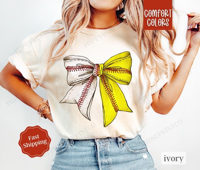Softball And Baseball Bow Shirt Comfort Colors, Womens Softball Tee, Womenswear Oversized Crewneck Hoodie, Sweatshirt