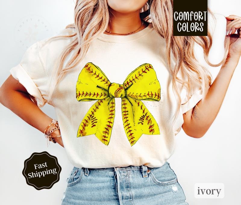 Softball Bow Shirt Comfort Colors, Womens Softball Tee, Womenswear Oversized Crewneck Hoodie, Sweatshirt | WearSparks.com