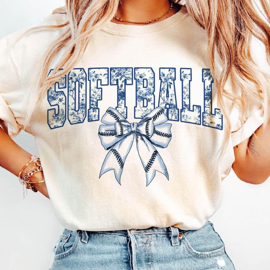 Softball Floral Toile Blue Water Color T-Shirt, Softball Coquette Bow T-Shirt, Vintage Softball Bow T-Shirt, Coquette...