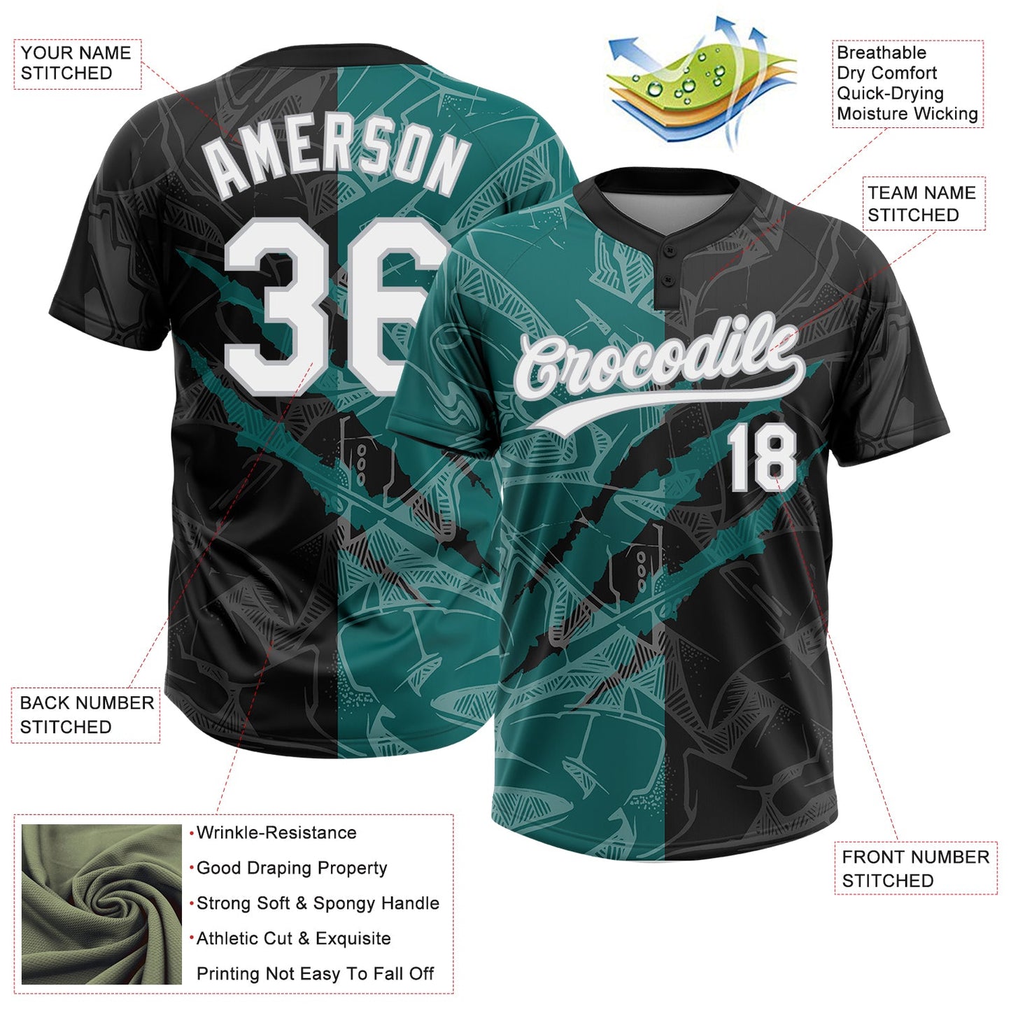 Custom Graffiti Pattern Black Teal-Gray 3D Two-Button Unisex Softball Jersey T-Shirts, Hoodie, Sweatshirt (Image 3)