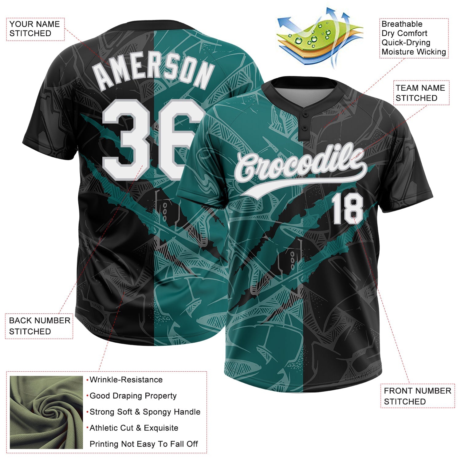 Custom Graffiti Pattern Black Teal-Gray 3D Two-Button Unisex Softball Jersey T-Shirts, Hoodie, Sweatshirt (Image 3)