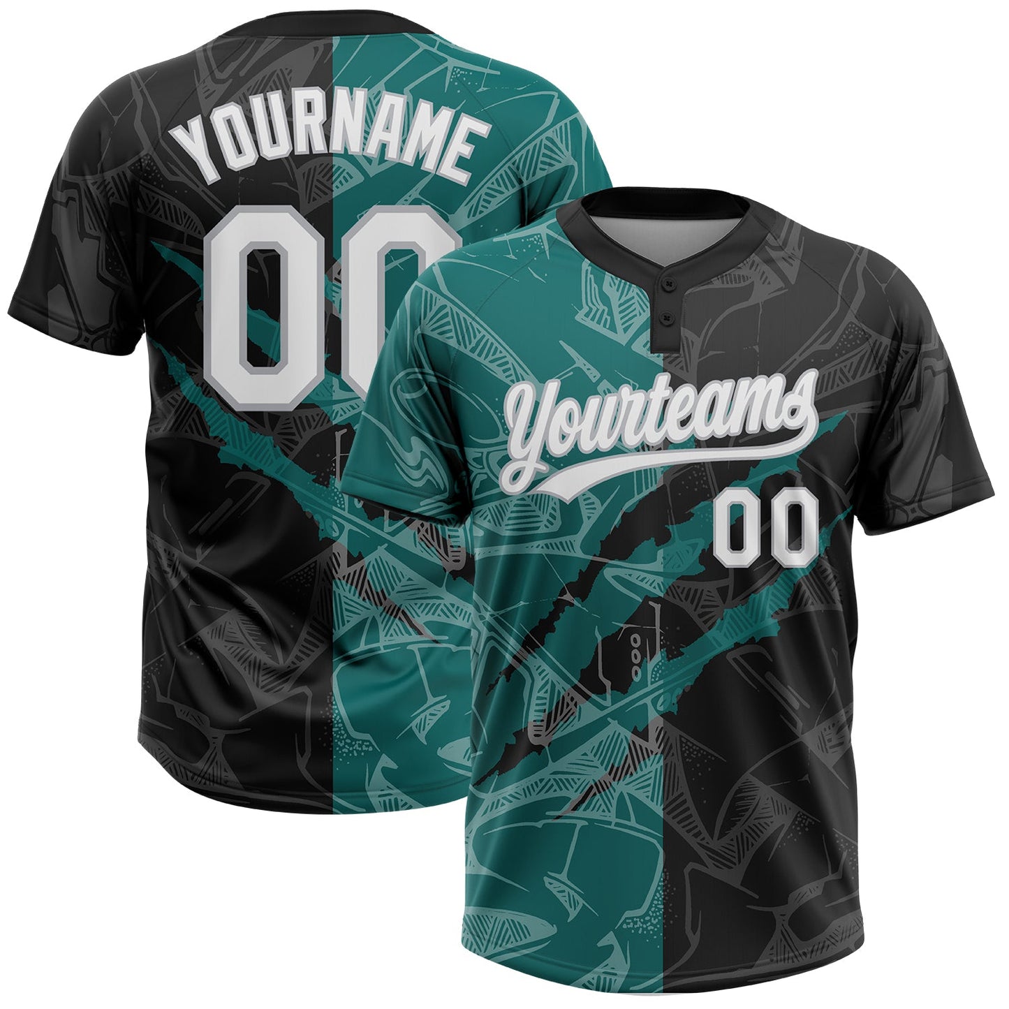 Custom Graffiti Pattern Black Teal-Gray 3D Two-Button Unisex Softball Jersey T-Shirts, Hoodie, Sweatshirt (Image 1)