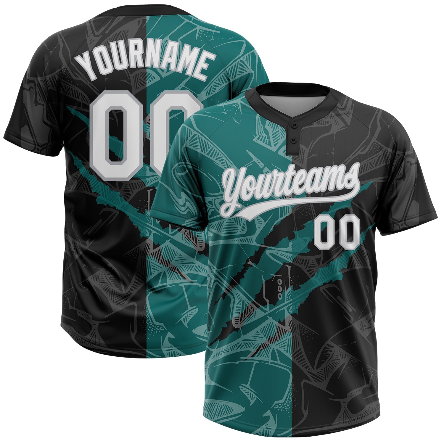 Custom Graffiti Pattern Black Teal-Gray 3D Two-Button Unisex Softball Jersey T-Shirts, Hoodie, Sweatshirt (Image 1)