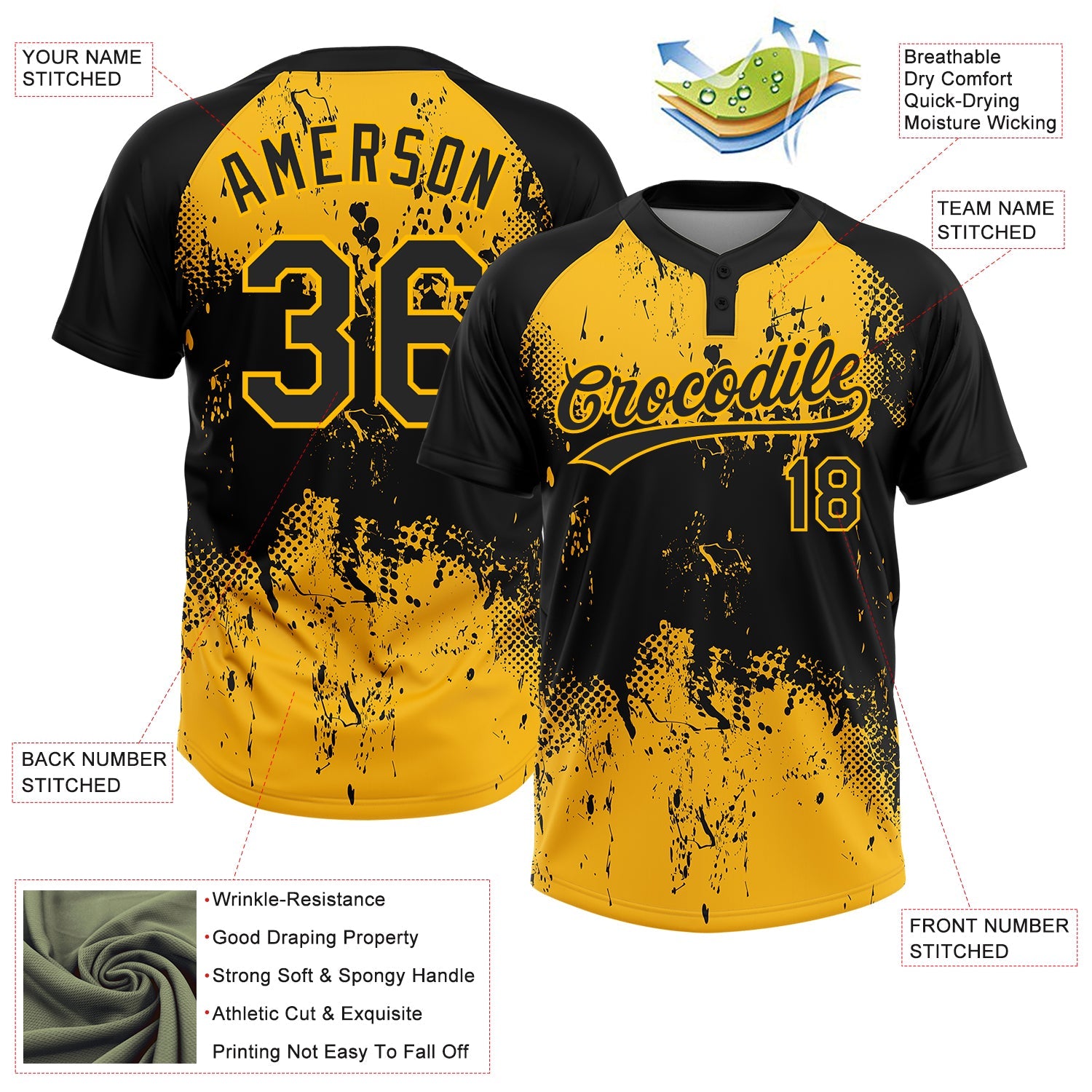 Custom Black Gold 3D Pattern Abstract Splatter Grunge Art Two-Button Unisex Softball Jersey T-Shirts, Hoodie,... (Image 3)