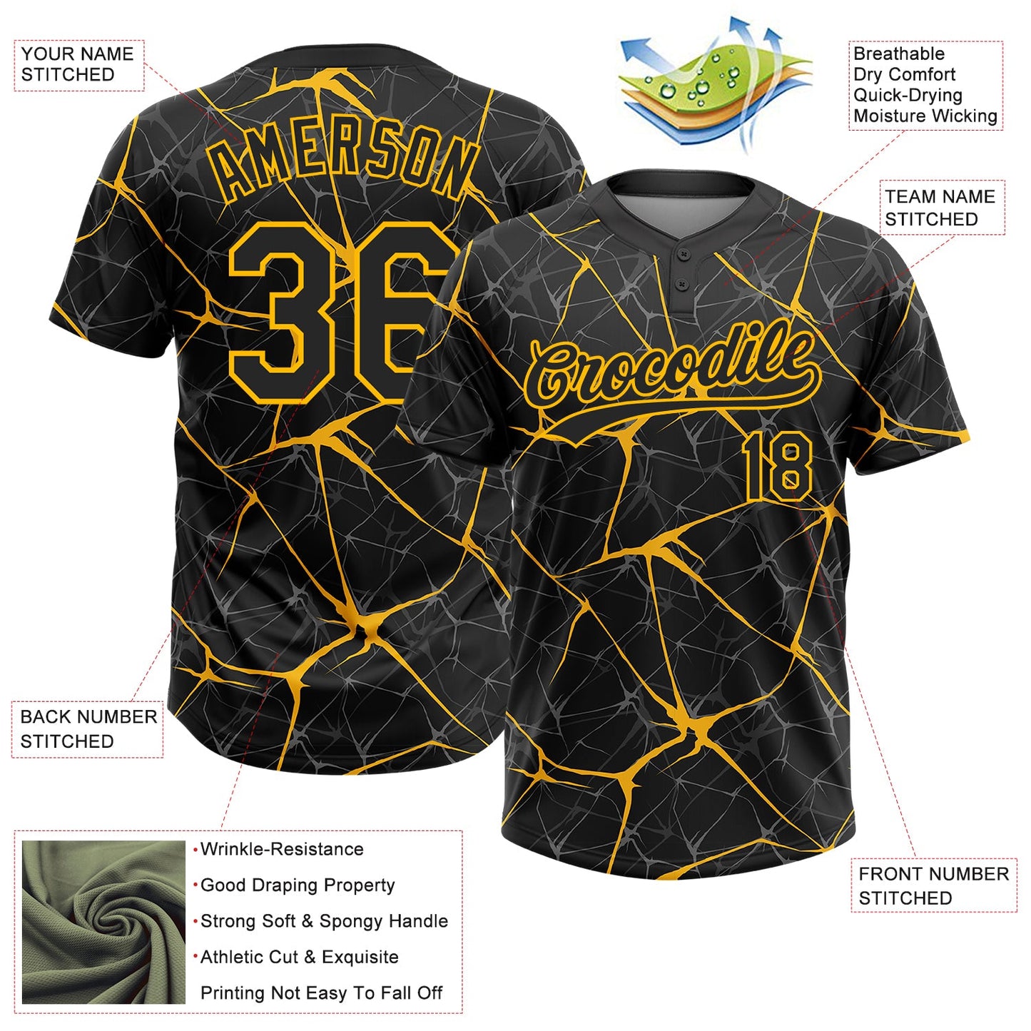 Custom Black Gold 3D Pattern Abstract Network Two-Button Unisex Softball Jersey T-Shirts, Hoodie, Sweatshirt (Image 3)