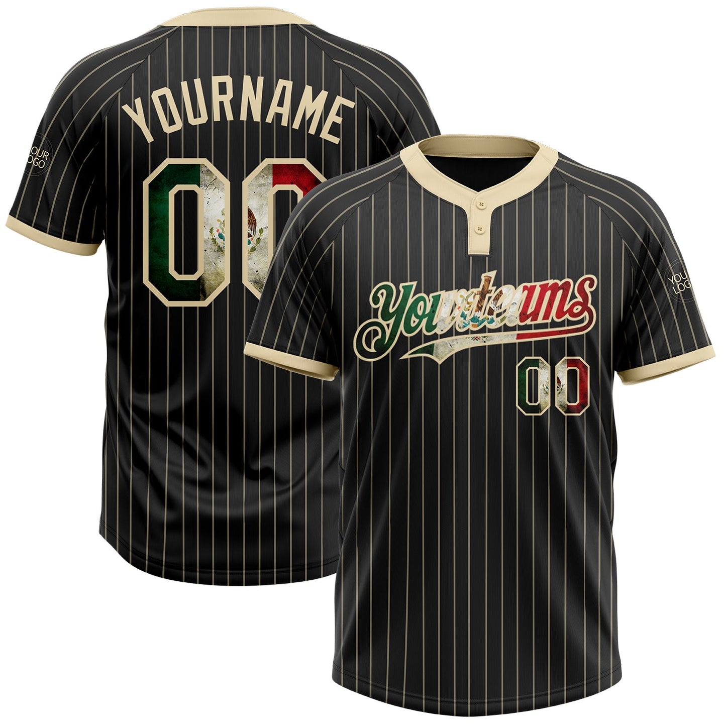 Custom Black Cream Pinstripe Vintage Mexican Flag Two-Button Unisex Softball Jersey T-Shirts, Hoodie, Sweatshirt (Image 1)