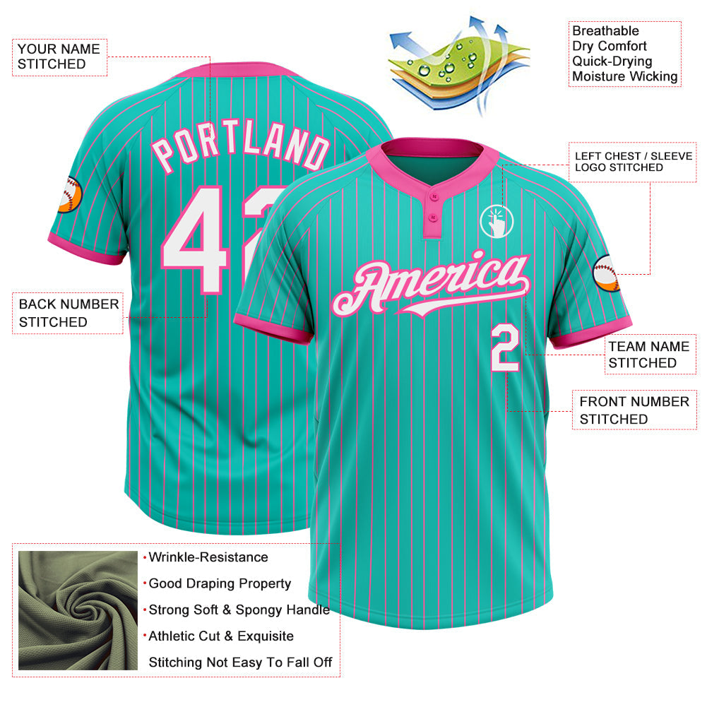 Custom Aqua Pink Pinstripe White Two-Button Unisex Softball Jersey T-Shirts, Hoodie, Sweatshirt | WearSparks.com (Image 3)