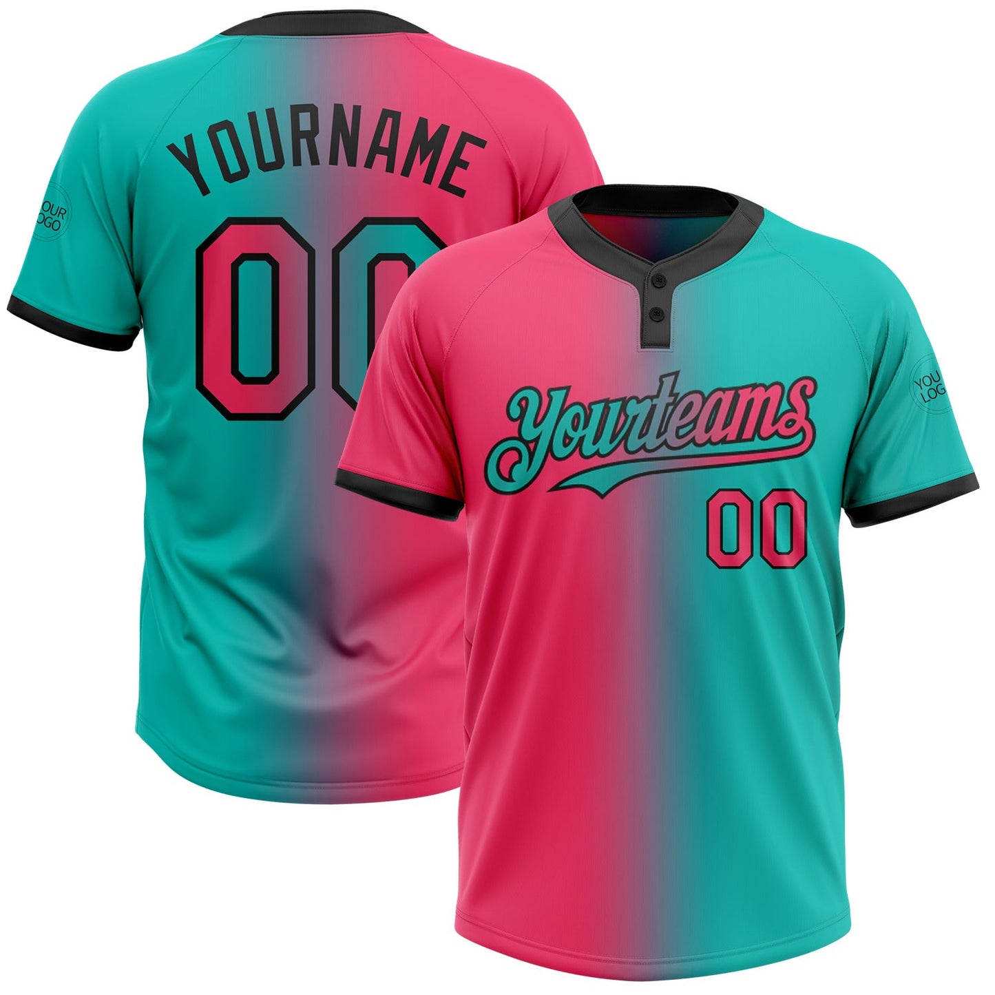Custom Aqua Neon Pink-Black Gradient Fashion Two-Button Unisex Softball Jersey T-Shirts, Hoodie, Sweatshirt (Image 1)