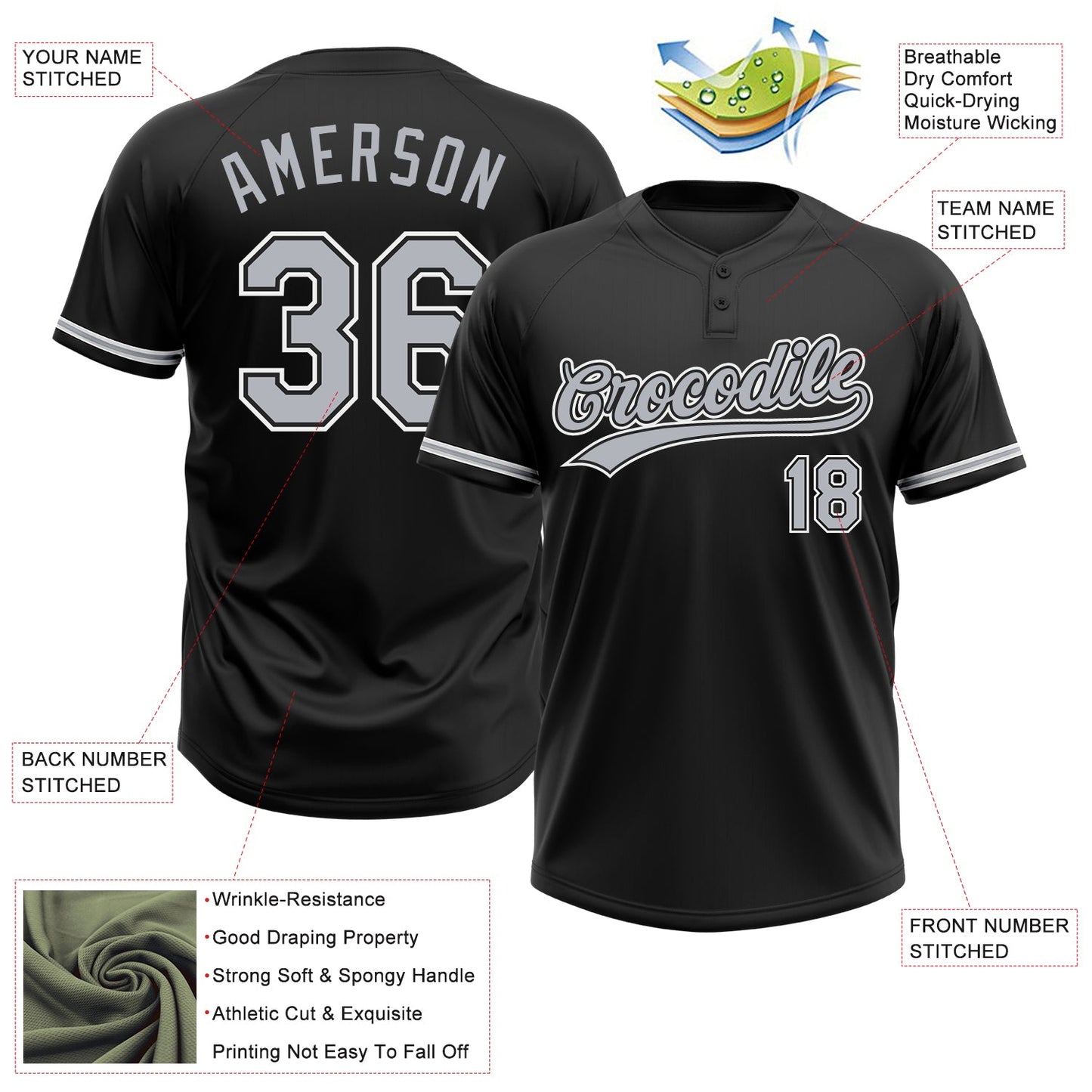 Custom Black Gray-White Two-Button Unisex Softball Jersey T-Shirts, Hoodie, Sweatshirt | WearSparks.com (Image 3)