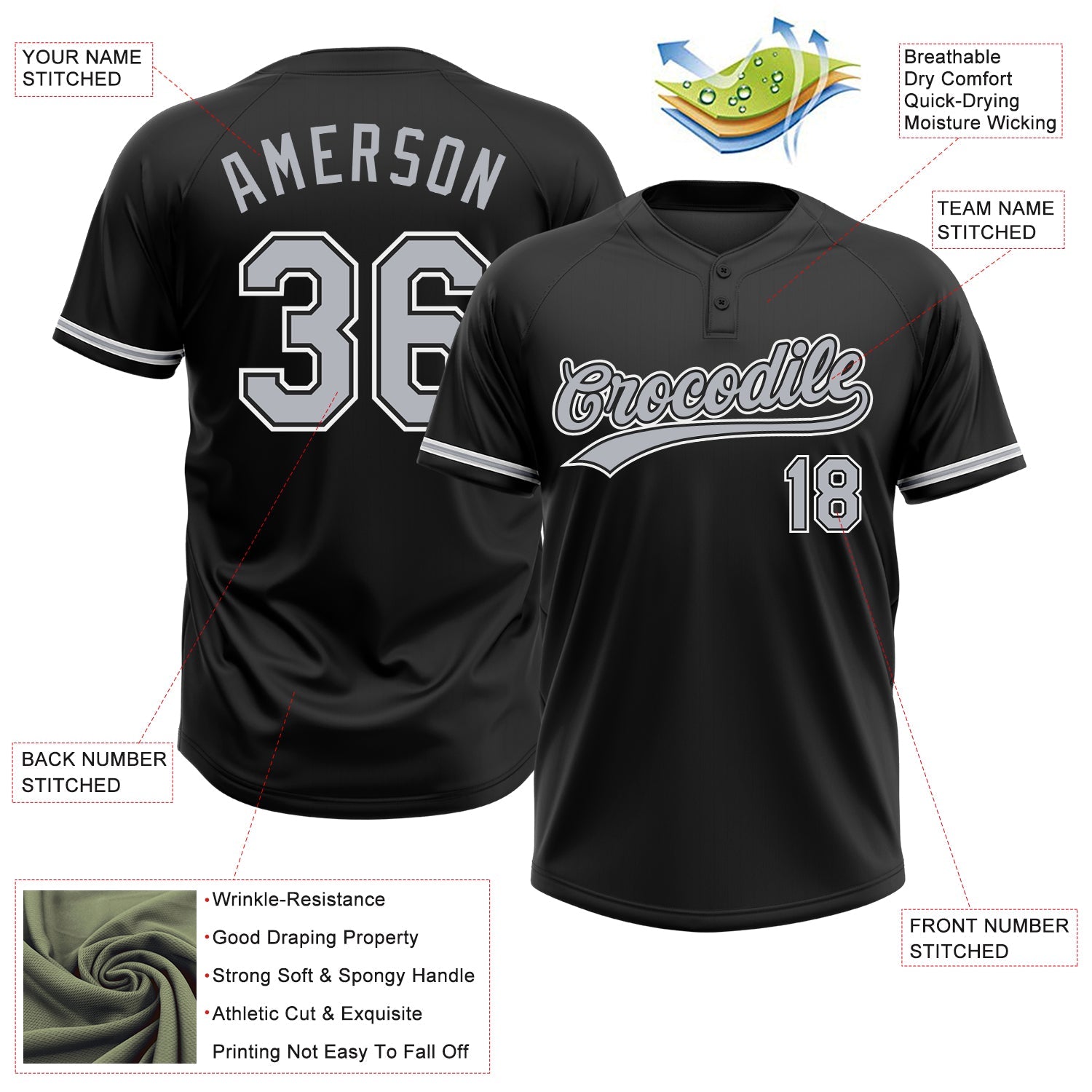 Custom Black Gray-White Two-Button Unisex Softball Jersey T-Shirts, Hoodie, Sweatshirt | WearSparks.com (Image 3)