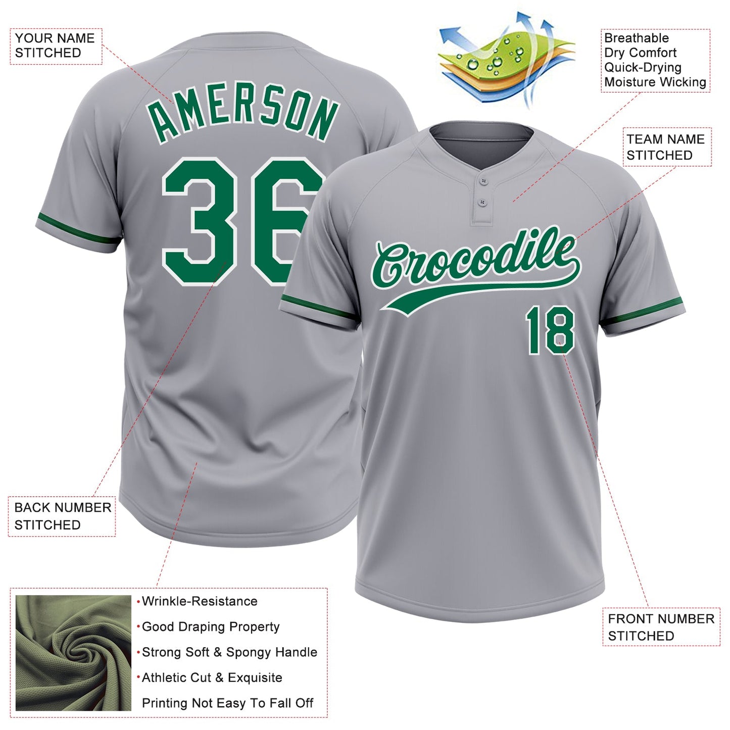 Custom Gray Kelly Green-White Two-Button Unisex Softball Jersey T-Shirts, Hoodie, Sweatshirt | WearSparks.com (Image 3)