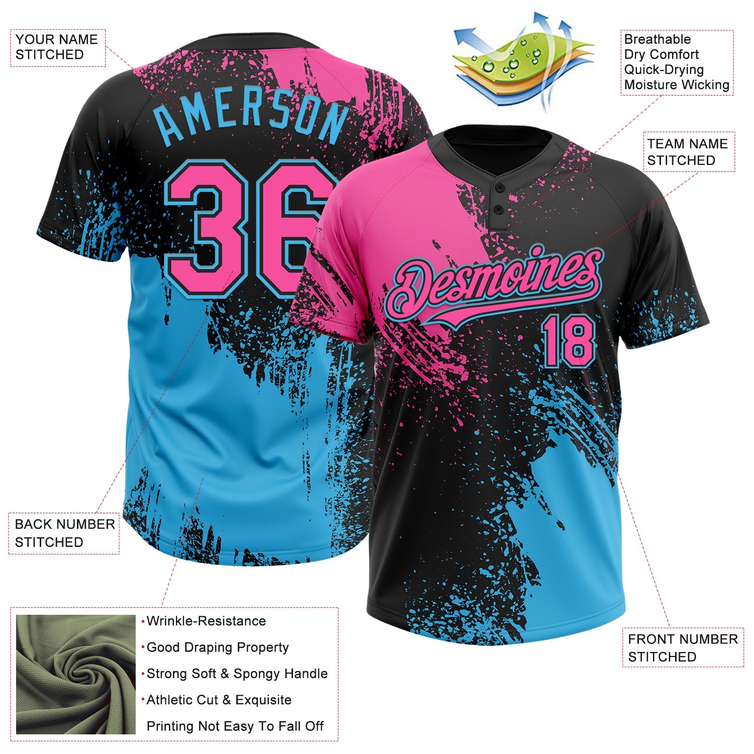 Custom Black Pink-Sky Blue 3D Pattern Abstract Brush Stroke Two-Button Unisex Softball Jersey T-Shirts, Hoodie,... (Image 4)