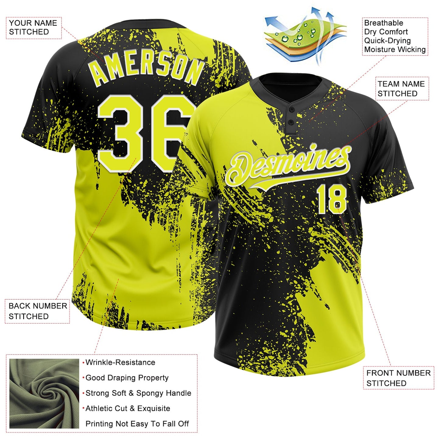 Custom Black Neon Yellow-White 3D Pattern Abstract Brush Stroke Two-Button Unisex Softball Jersey T-Shirts,... (Image 3)