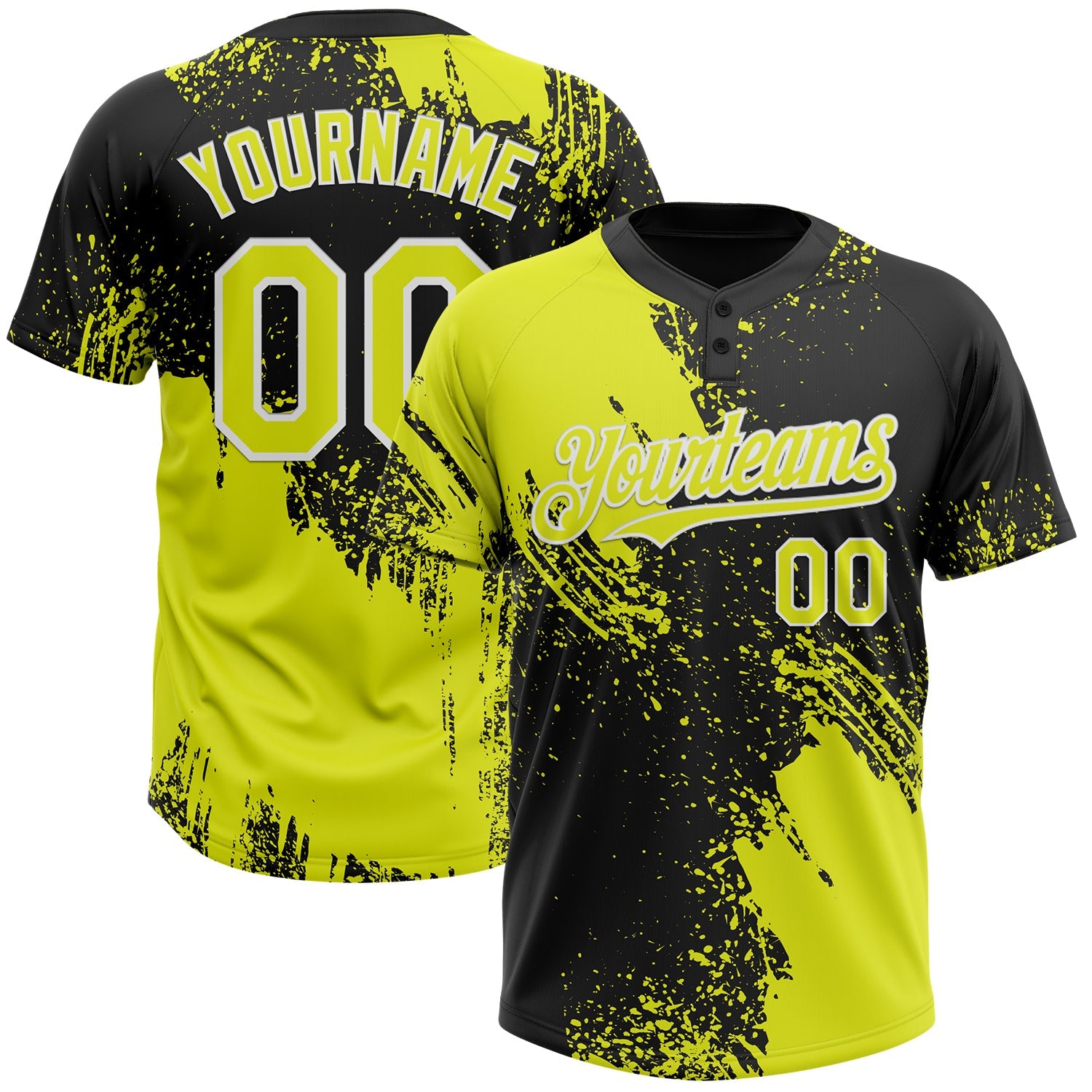 Custom Black Neon Yellow-White 3D Pattern Abstract Brush Stroke Two-Button Unisex Softball Jersey T-Shirts,... (Image 1)
