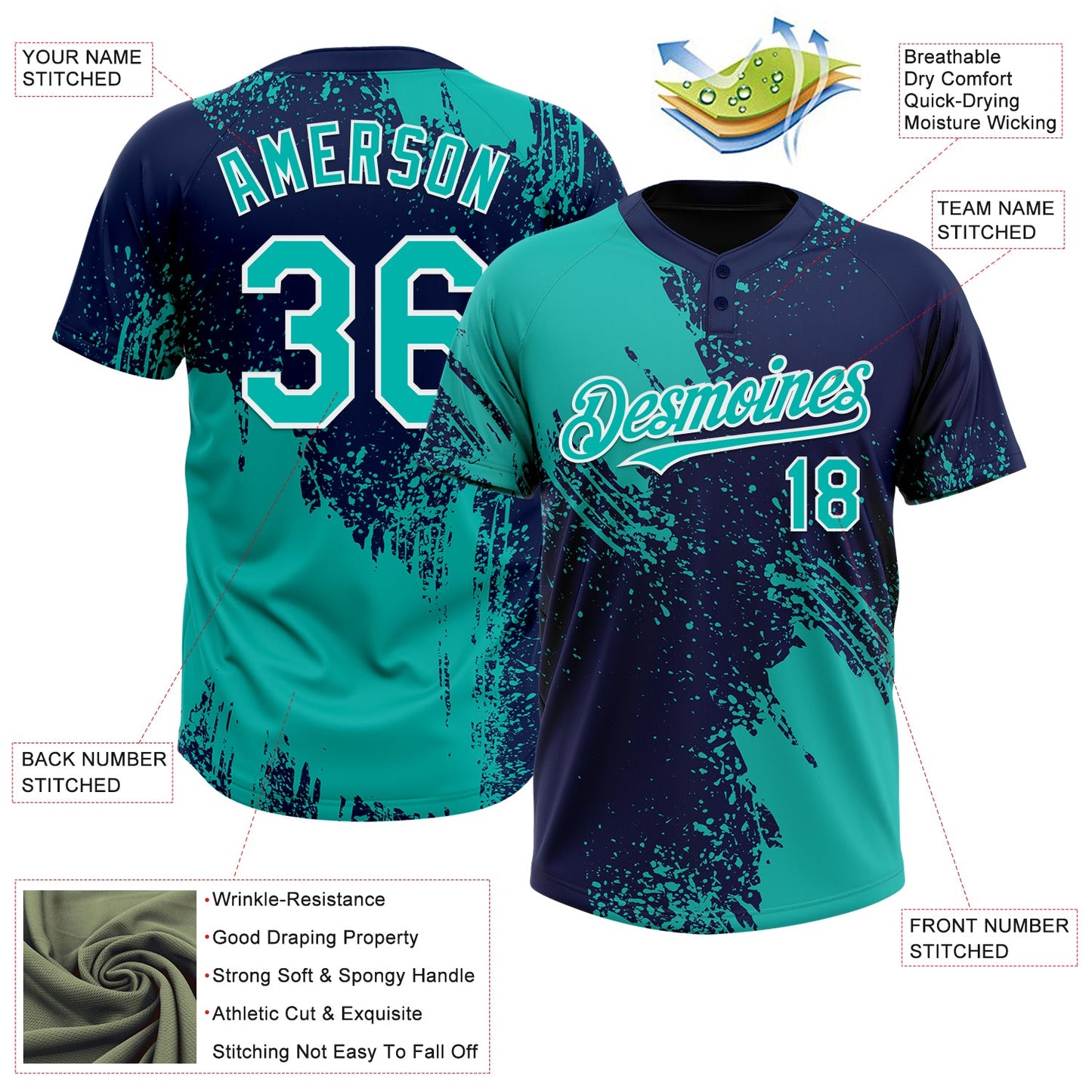 Custom Aqua Navy-White 3D Pattern Abstract Brush Stroke Two-Button Unisex Softball Jersey T-Shirts, Hoodie,... (Image 3)