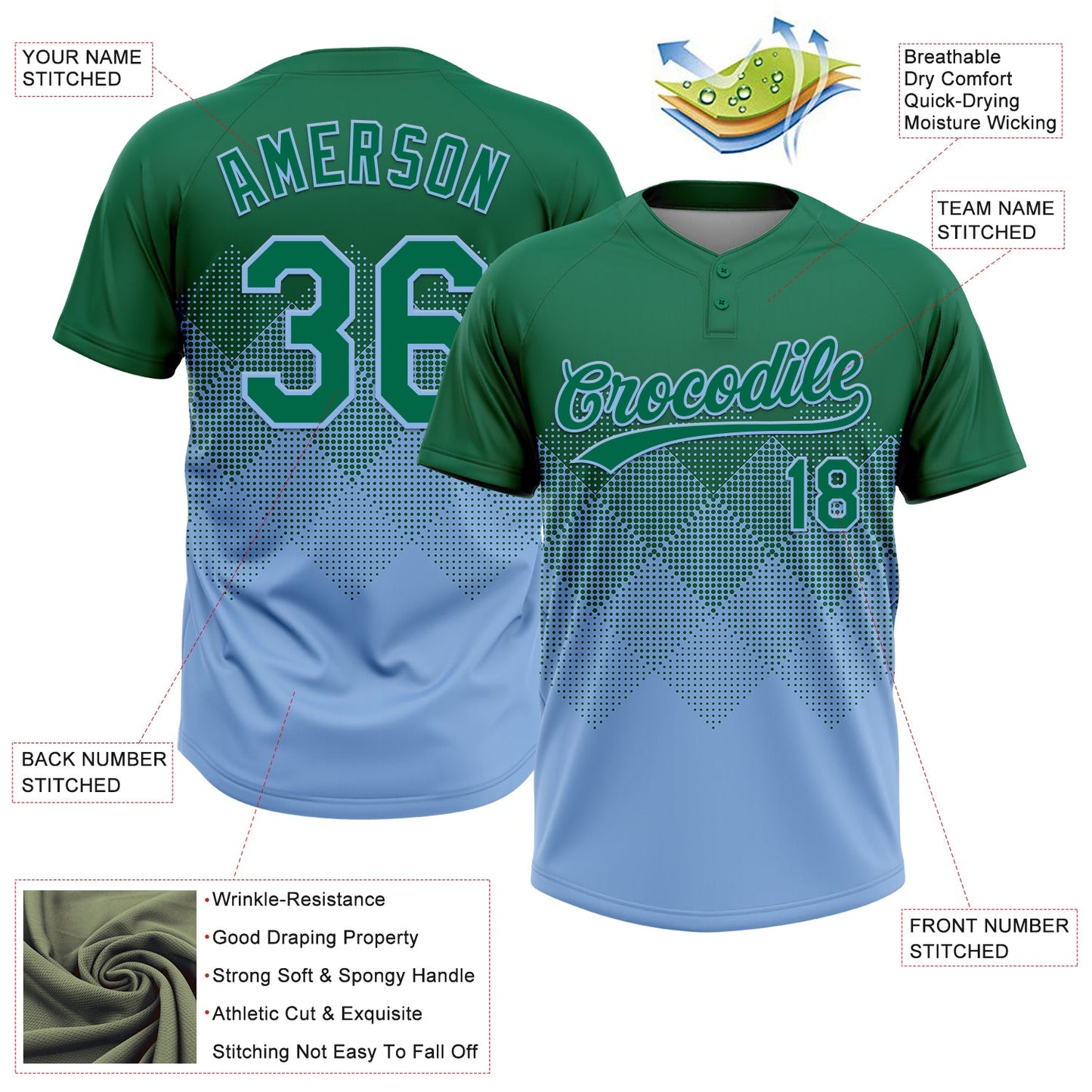 Custom Kelly Green Light Blue 3D Gradient Square Shape Two-Button Unisex Softball Jersey T-Shirts, Hoodie,... (Image 3)