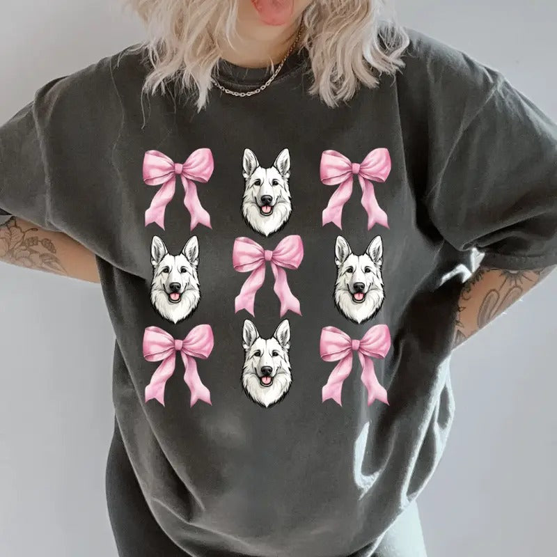 Solid White German Shepherd with bows Shirt ~ Unisex Apparel Relaxed Fit Printed In The USA Clothing Womenswear Casual...
