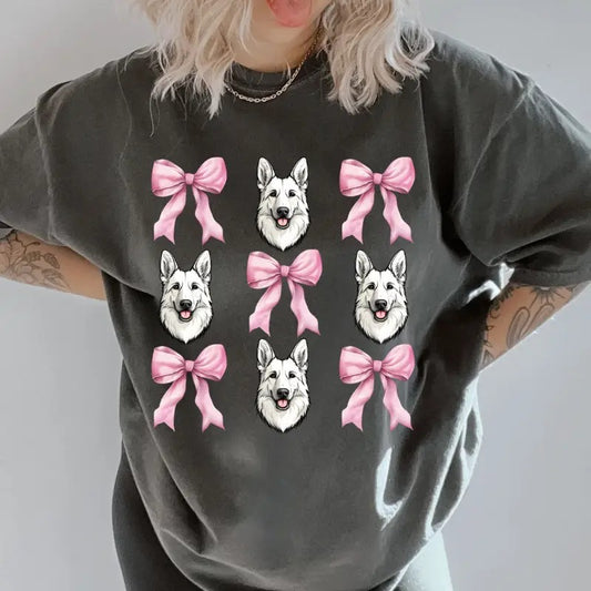 Solid White German Shepherd with bows Shirt ~ Unisex Apparel Relaxed Fit Printed In The USA Clothing Womenswear Casual...