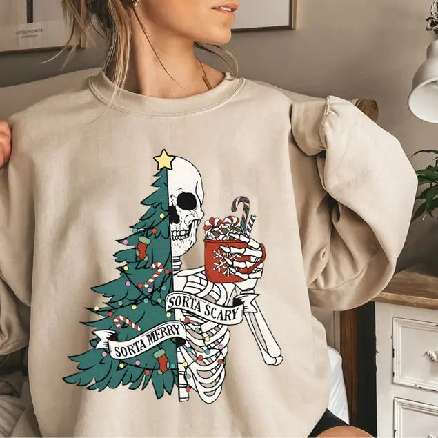 Sorta Merry Sorta Scary Crewneck Sweatshirt, Skeleton Christmas Sweater, Festive Holiday Sweatshirt, Funny Xmas Shirt,...