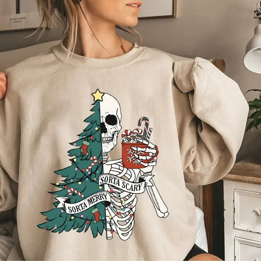 Sorta Merry Sorta Scary Crewneck Sweatshirt, Skeleton Christmas Sweater, Festive Holiday Sweatshirt, Funny Xmas Shirt,...