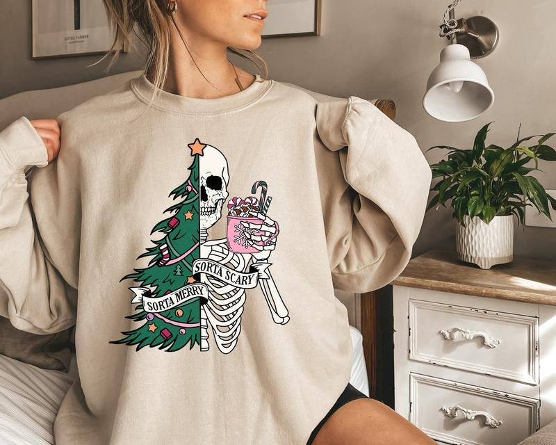Sorta Merry Sorta Scary Sweatshirt, Christmas Sweatshirt, Christmas Tree Sweater, Spooky Season Christmas Sweater,...