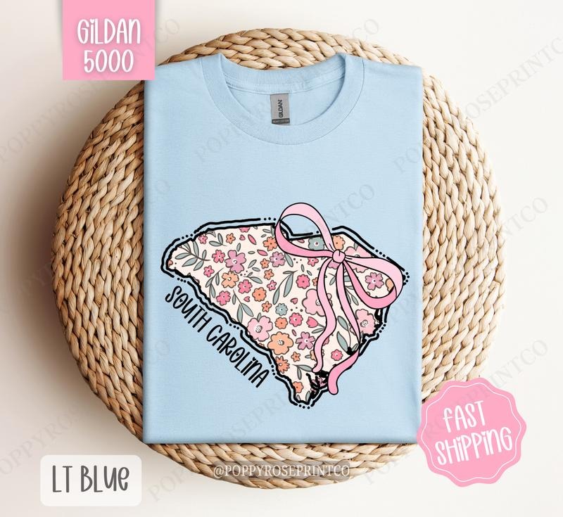 South Carolina Floral Bow Gildan T-shirt, Cute Trendy Tee, State Coquette Oversized Top Hoodie, Sweatshirt | WearSparks.com