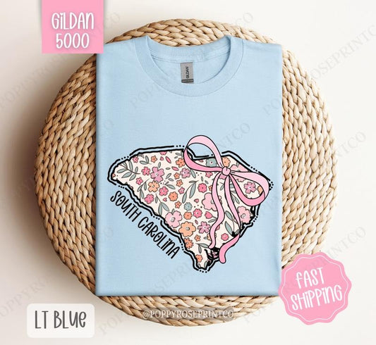 South Carolina Floral Bow Gildan T-shirt, Cute Trendy Tee, State Coquette Oversized Top Hoodie, Sweatshirt | WearSparks.com