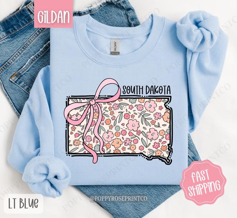 South Dakota Floral Bow Gildan Sweatshirt, Cute Trendy State Coquette Pullover T-Shirts, Hoodie | WearSparks.com