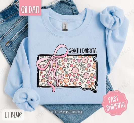 South Dakota Floral Bow Gildan Sweatshirt, Cute Trendy State Coquette Pullover T-Shirts, Hoodie | WearSparks.com