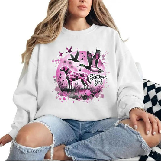 Southern Girl Hunting Dog Pink Sweatshirt Unisex Hunt Duck T-Shirt Hunting Season Hoodie Cotton Womenswear | WearSparks.com