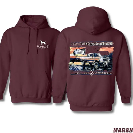 Southern Strut Hoodie - Classic Pickup Truck and American Flag Design, Perfect for Fans of Southern Pride and Country...