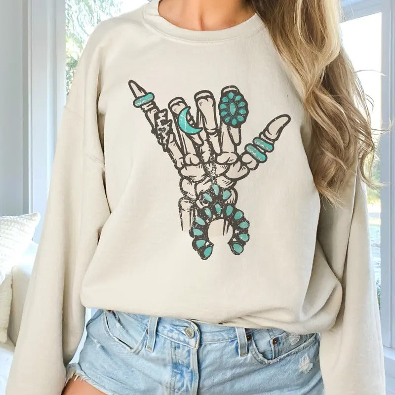 Southwest Turquoise Skeleton Sweatshirt Skeleton Hand Turquoise Pullover Rocker Skeleton Hand Sweatshirt Turquoise...