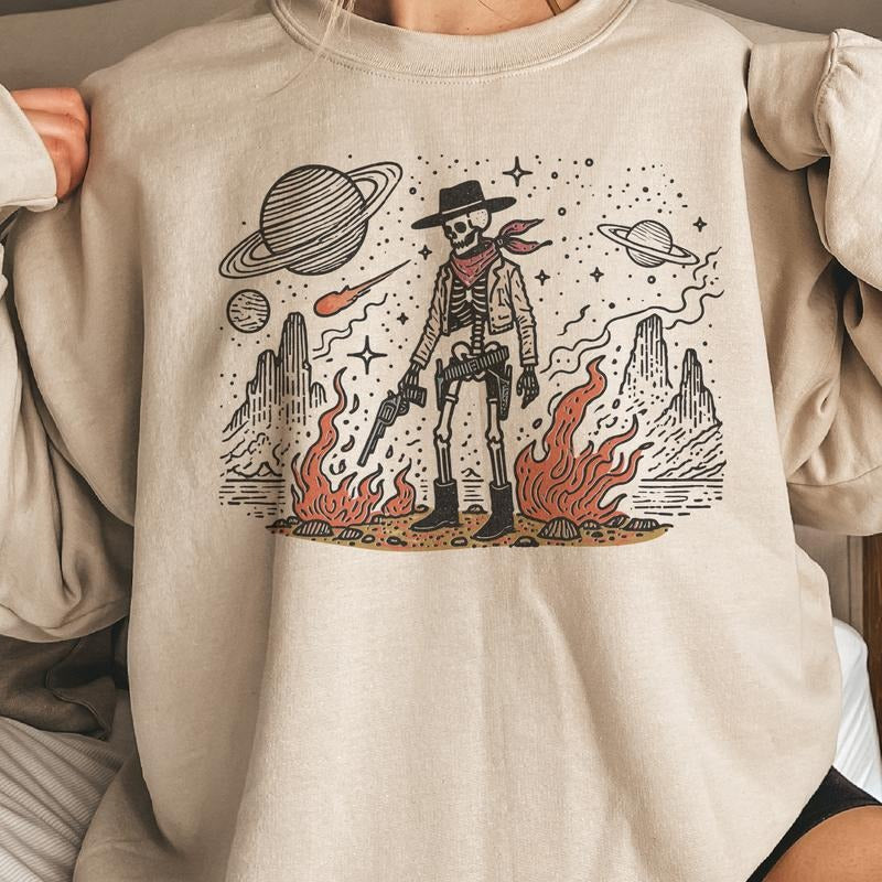 Space Cowboy Graphic Sweatshirt Western Cowboy Pullover Space Skull Sweatshirt Casual Sweatshirt T-Shirts, Hoodie