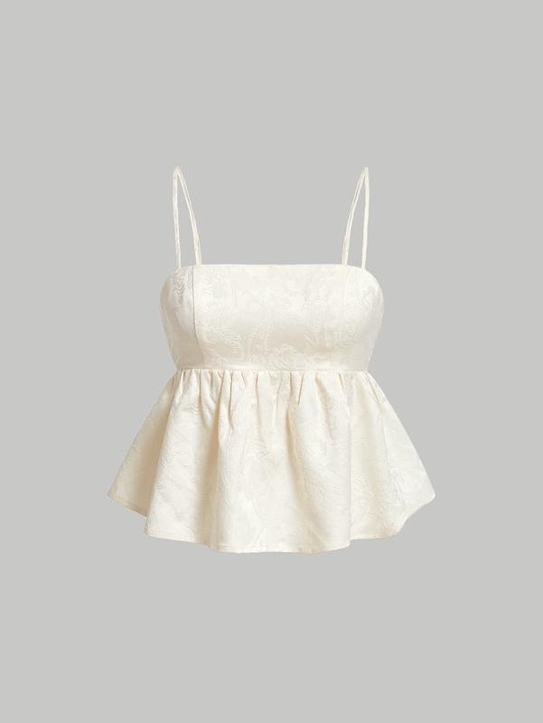 Spaghetti Strap Ruffle Hem Peplum Cami Top Solid Fabric Polyester Jacquard CamisoleY2K T-Shirts, Hoodie, Sweatshirt
