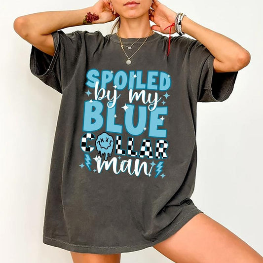 Spoiled By My Blue Collar Man Shirt, Checkered Blue Collar Wife T-shirt, Wife Life Graphic Printed Tee, Funny Comfort...