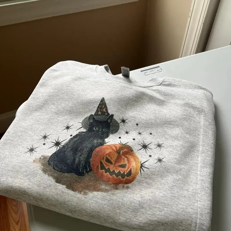 Spooky Cat Crewneck  Sweatshirt - Shirt- Hoodie, Halloween Gift, Fall Crewneck Sweater, Halloween Party Shirt, Full...