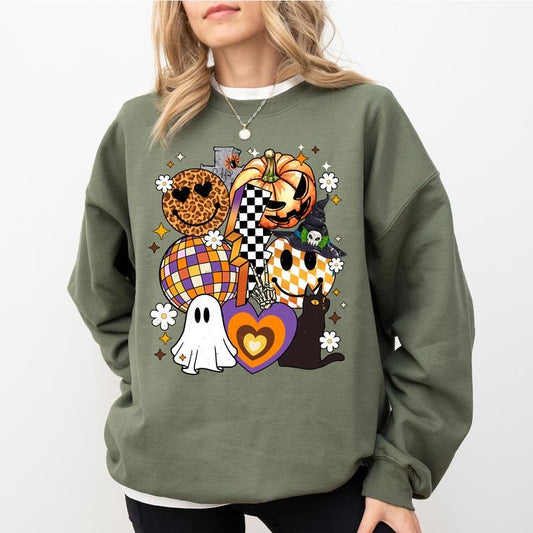 Spooky Halloween Groovy Graphic Sweatshirt, Retro Smile Face Halloween Crewneck, Halloween Sweatshirt, Scary Ghost...