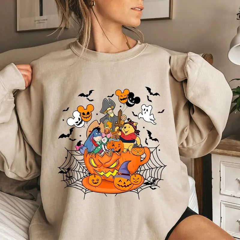 Spooky Halloween Pooh T-shirt, Retro Cute Characters Tee Shirt, Scary Pumpkin Sweatshirt, Pooh And Friends Shirt, Gift...