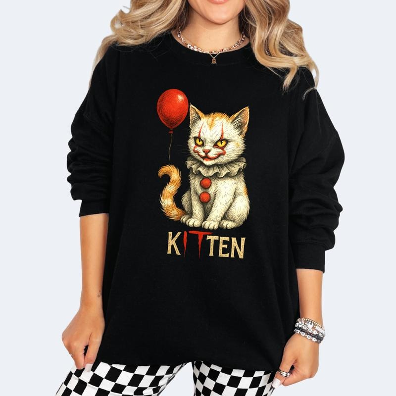 Spooky Kitten with Red Balloon Long Sleeve Crewneck Sweatshirt T Shirt or Hoodie Casual Poly Cotton Blend Graphic Design...