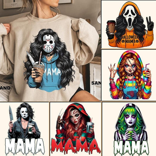 Spooky Mama Drinking Horror Characters Halloween Movie Collection Sweatshirt, Spooky Season, Gift For Mom, Halloween Gift...